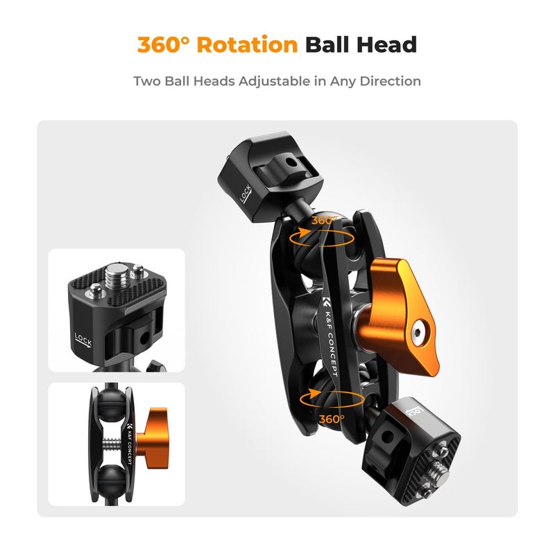 K&F CONCEPT Dual Ball Heads Magic Arm, Articulating Magic Arm with 1/4"-20 Screw, 360Â° swivelling Ball Head, Aluminum Alloy Camera Monitor Mount Arm - Image 3