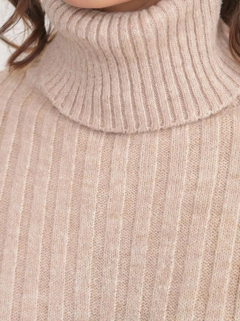 Mixray Beige Natural Mixray Oversize Ribbed Turtleneck Sweater for Women | Best Price UAE