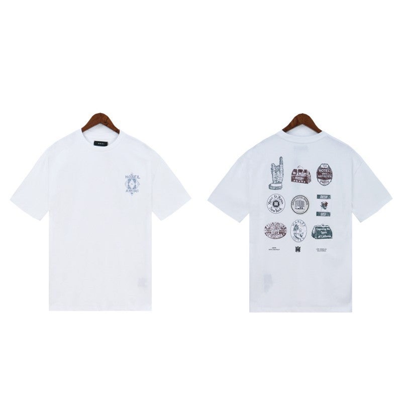 Amiri24 New Logo Short-Sleeved T-Shirt Digital 22 Washed Retro Couples Trendy Sports 5 Points Shorts Suit - Image 1