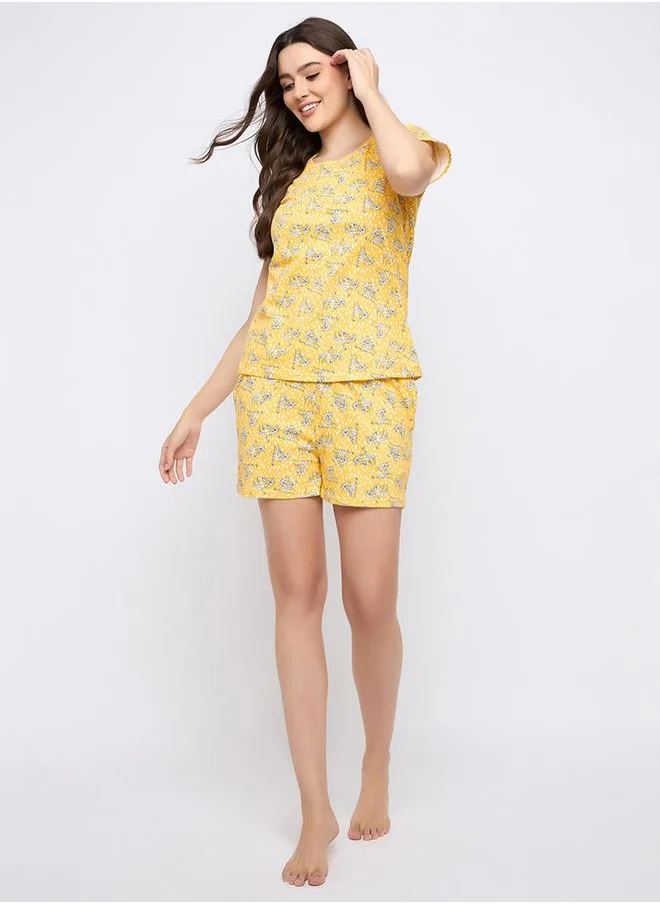 Clovia Printed Round Neck Top and Shorts Pyjama Set