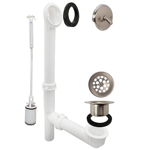 Westbrass 59224407 14 White Poly Tubular Bath Waste Overflow Assembly with Trip Lever and Strainer Grid Drain Cover Satin Nickel - Image 1