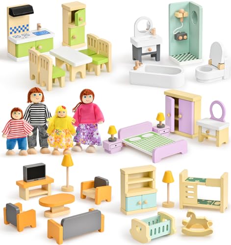 Toyssa Wooden Dollhouse Furniture Set 36PCS Miniature Doll House Accessories with Colorful 5 Room 4 Flexible Family Dolls Pretend Play Toys Birthday Gift for Toddlers 3 4 5 6 Years Old - Image 1