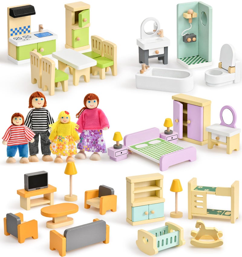 Toyssa Wooden Dollhouse Furniture Set 36PCS Miniature Doll House Accessories with Colorful 5 Room 4 Flexible Family Dolls Pretend Play Toys Birthday Gift for Toddlers 3 4 5 6 Years Old - Image 2