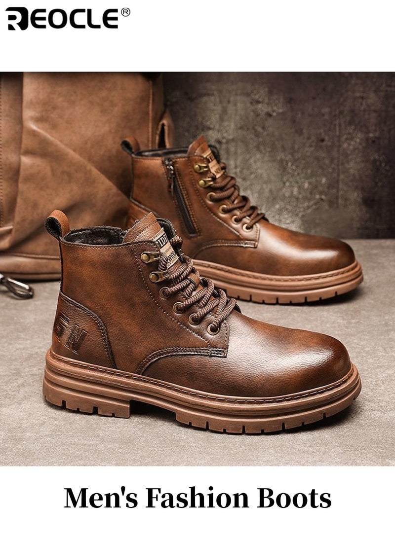 ريوكل أحذية موضة الرجالية ذات الجلد الصناعي وتصميم مقاوم للماء، أحذية كاحل كلاسيكية بتفاصيل بروغ للتنزه غير الرسمي - Image 1