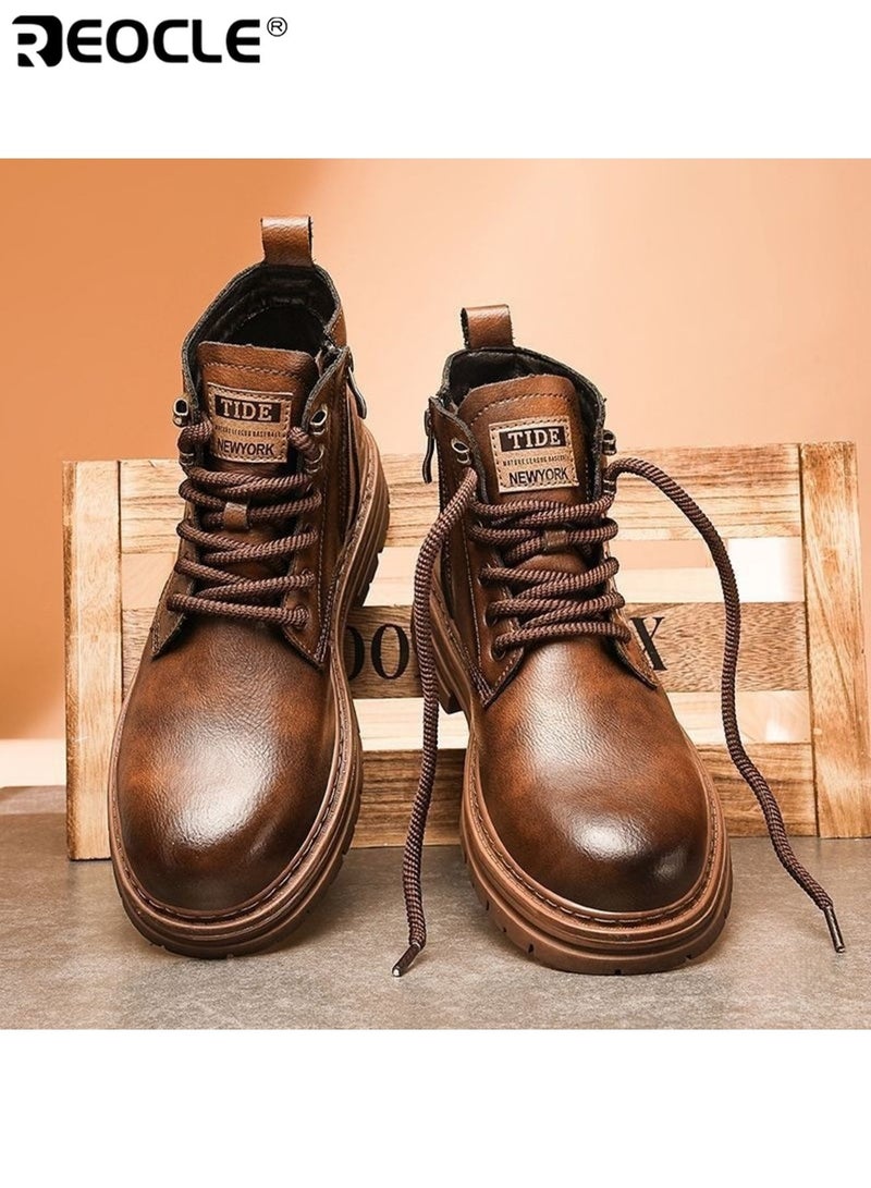 ريوكل أحذية موضة الرجالية ذات الجلد الصناعي وتصميم مقاوم للماء، أحذية كاحل كلاسيكية بتفاصيل بروغ للتنزه غير الرسمي - Image 2