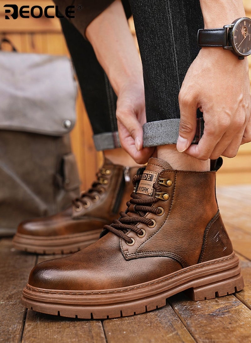 ريوكل أحذية موضة الرجالية ذات الجلد الصناعي وتصميم مقاوم للماء، أحذية كاحل كلاسيكية بتفاصيل بروغ للتنزه غير الرسمي - Image 4
