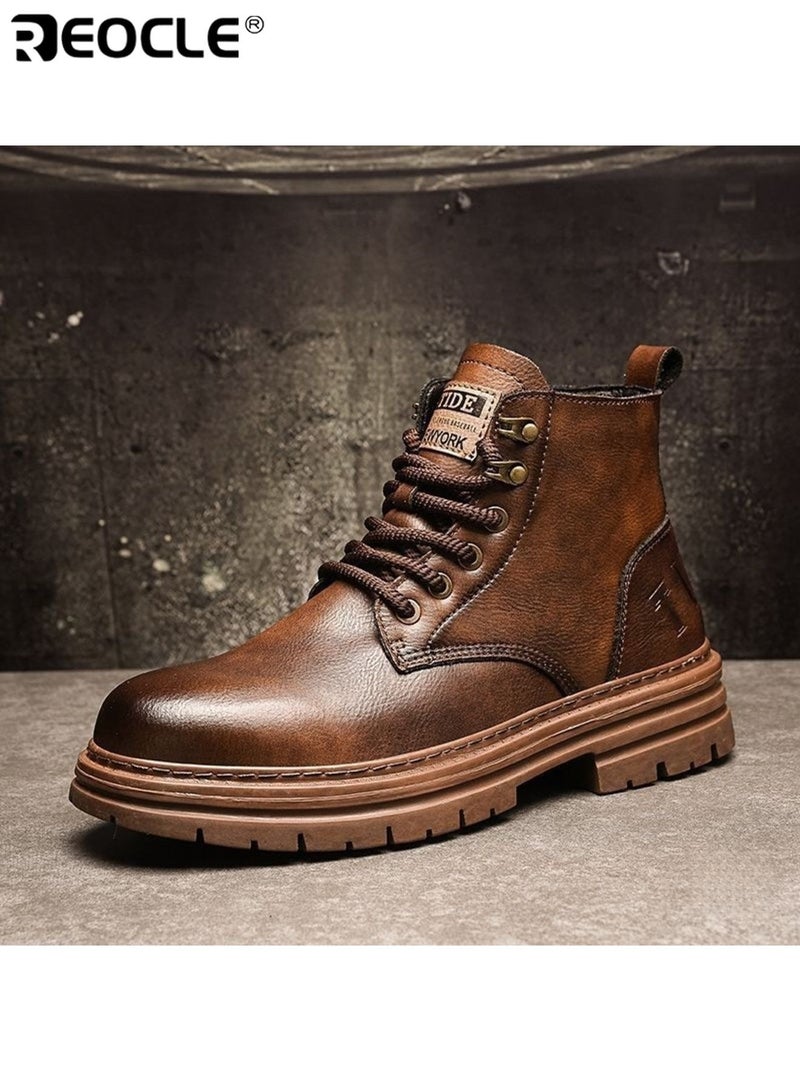 ريوكل أحذية موضة الرجالية ذات الجلد الصناعي وتصميم مقاوم للماء، أحذية كاحل كلاسيكية بتفاصيل بروغ للتنزه غير الرسمي - Image 3