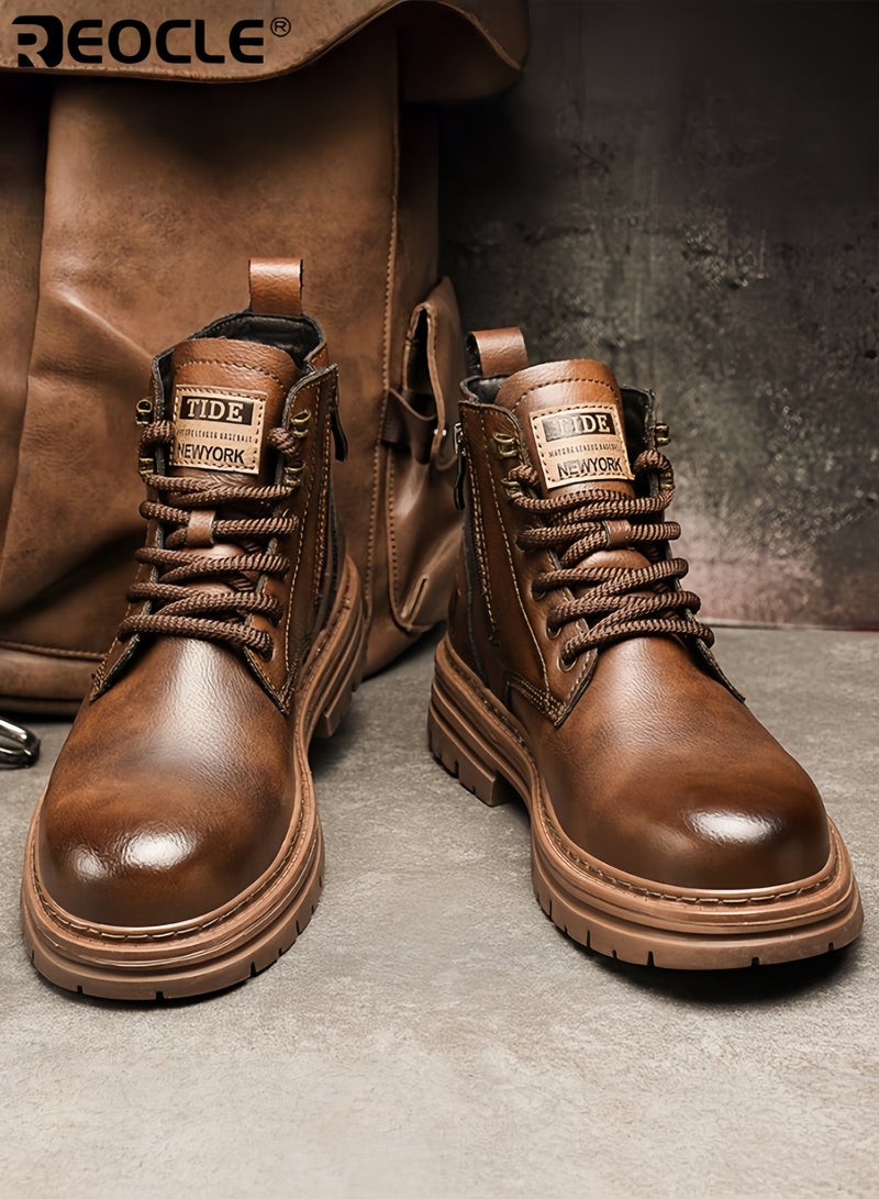 ريوكل أحذية موضة الرجالية ذات الجلد الصناعي وتصميم مقاوم للماء، أحذية كاحل كلاسيكية بتفاصيل بروغ للتنزه غير الرسمي - Image 2