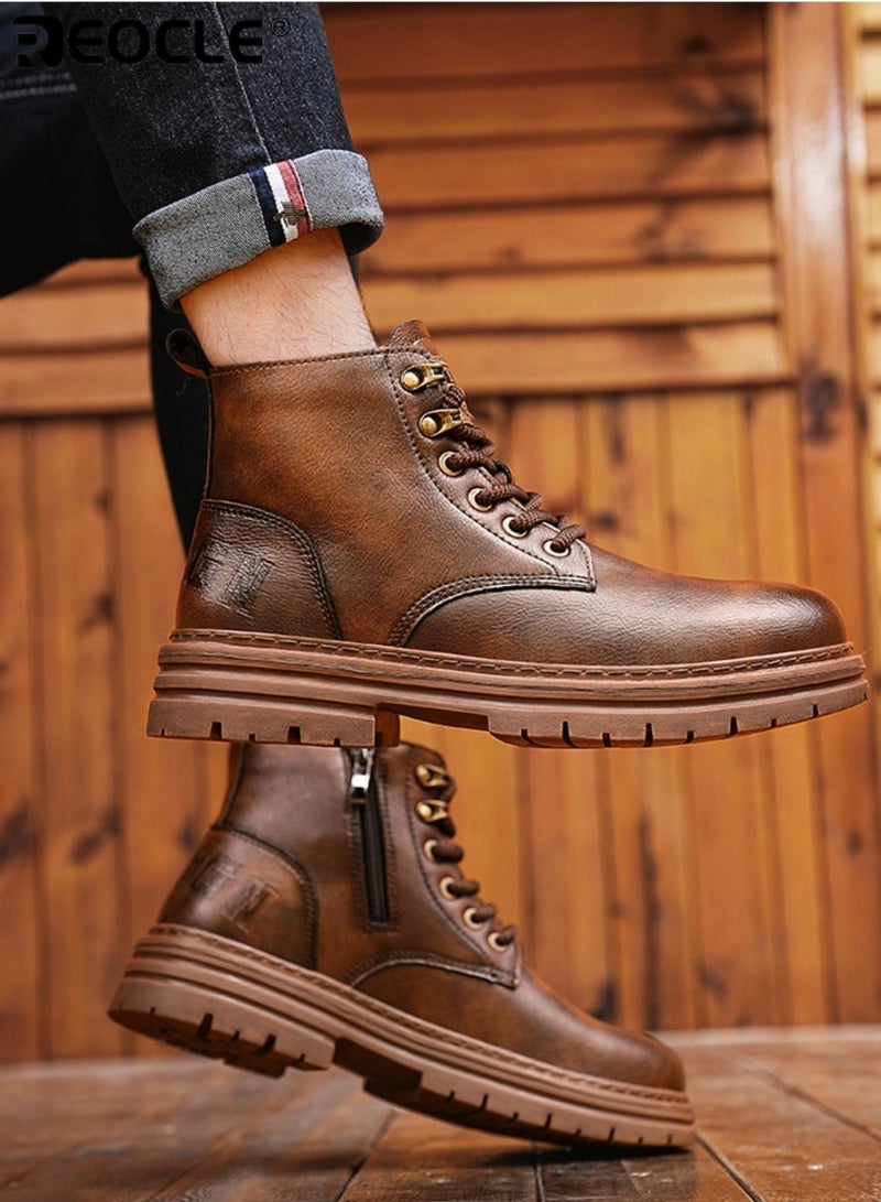 ريوكل أحذية موضة الرجالية ذات الجلد الصناعي وتصميم مقاوم للماء، أحذية كاحل كلاسيكية بتفاصيل بروغ للتنزه غير الرسمي - Image 4