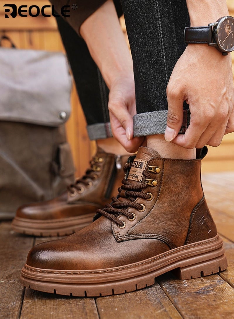 ريوكل أحذية موضة الرجالية ذات الجلد الصناعي وتصميم مقاوم للماء، أحذية كاحل كلاسيكية بتفاصيل بروغ للتنزه غير الرسمي - Image 3