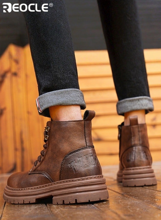 ريوكل أحذية موضة الرجالية ذات الجلد الصناعي وتصميم مقاوم للماء، أحذية كاحل كلاسيكية بتفاصيل بروغ للتنزه غير الرسمي - Image 5