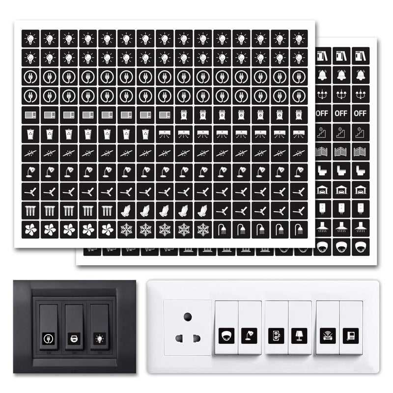 Rousrie Transparent Switch ID Stickers for Switch Boards 46 Designs Pack of 330 Pieces Black Theme