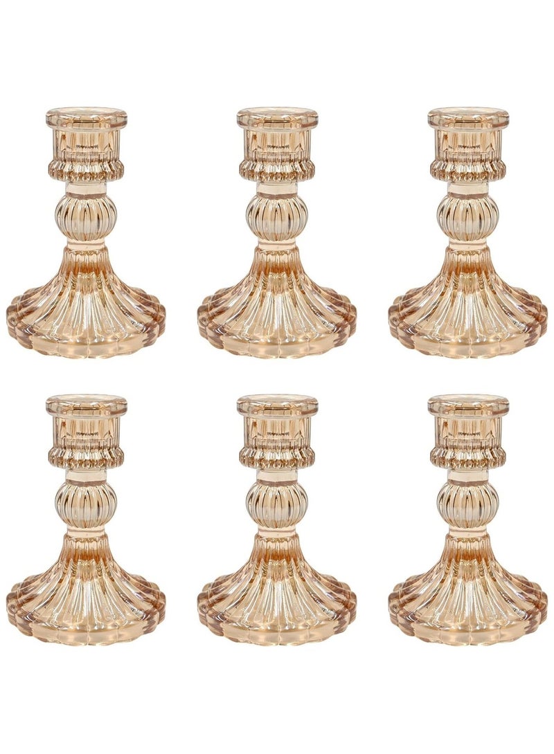 Home zone Set of 6 Glass Candlestick Holders Champagne Stripe Taper Candle Holders for Table Centerpiece Home Decorations Wedding and Party - Image 1
