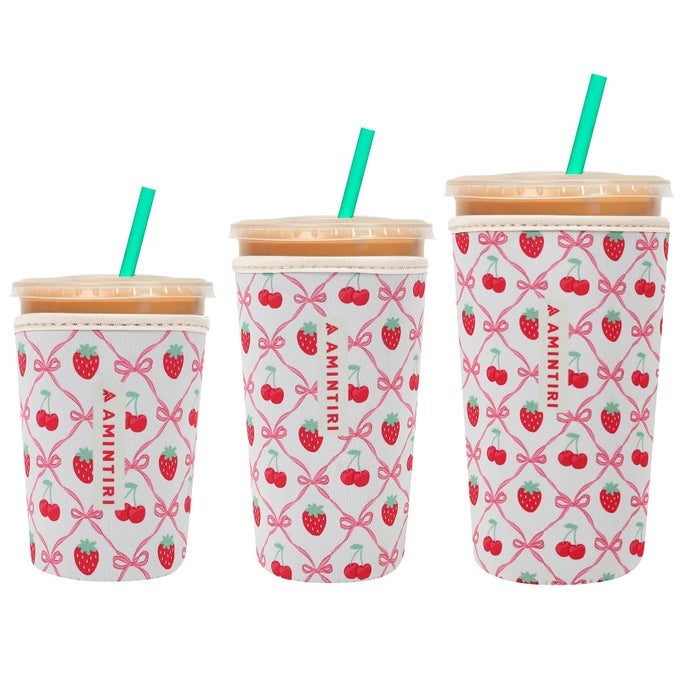 3 PACK REUSABLE NEOPRENE SLEEVE FOR ICED HOT DRINKS COMPATIBLE WITH STARBUCKS DUNKIN COFFEE CUP CHERRY STRAWBERRY