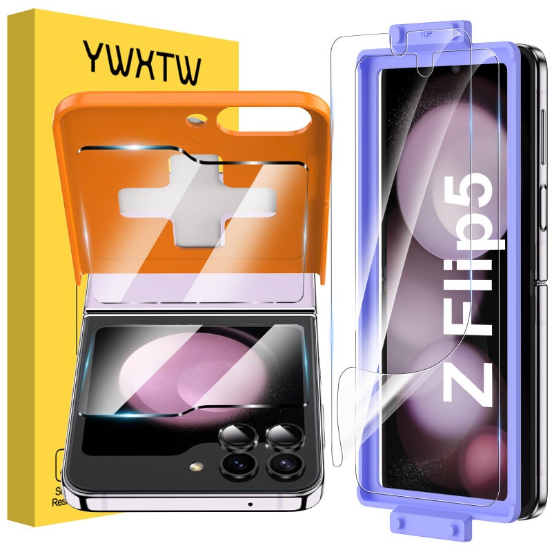 YWXTW [ 2023 Upgraded Alignment Tool for Samsung Galaxy Z Flip 5 Screen Protector, 2 Pack Inner Soft EPU + 2 Pack Front Tempered Glass + 2 PCS Metal Camera Lens Protector, Case Friendly - Image 1