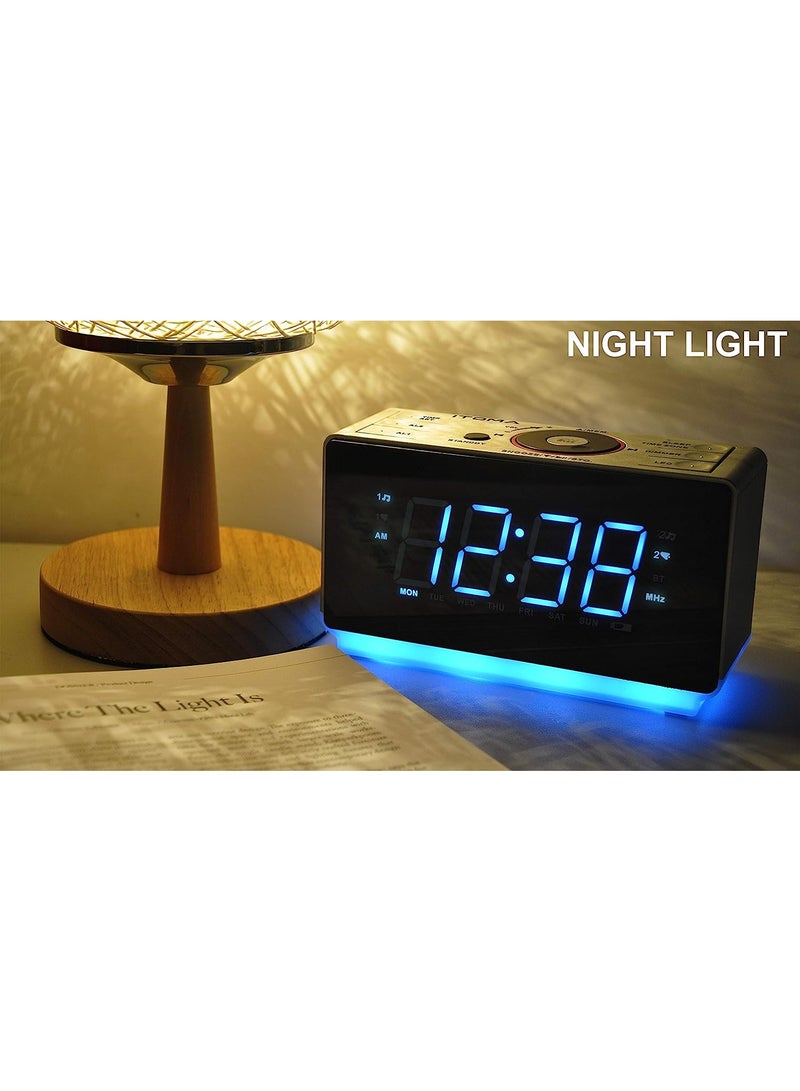 آي توما راديو ساعة المنبه iTOMA مع مكبر صوت بلوتوث ، راديو FM ، إنذار مزدوج مع Snooze ، شاشة LED كبيرة ، التحكم في مضيء ، خروجي شحن USB وإضاءة الليل - Image 3