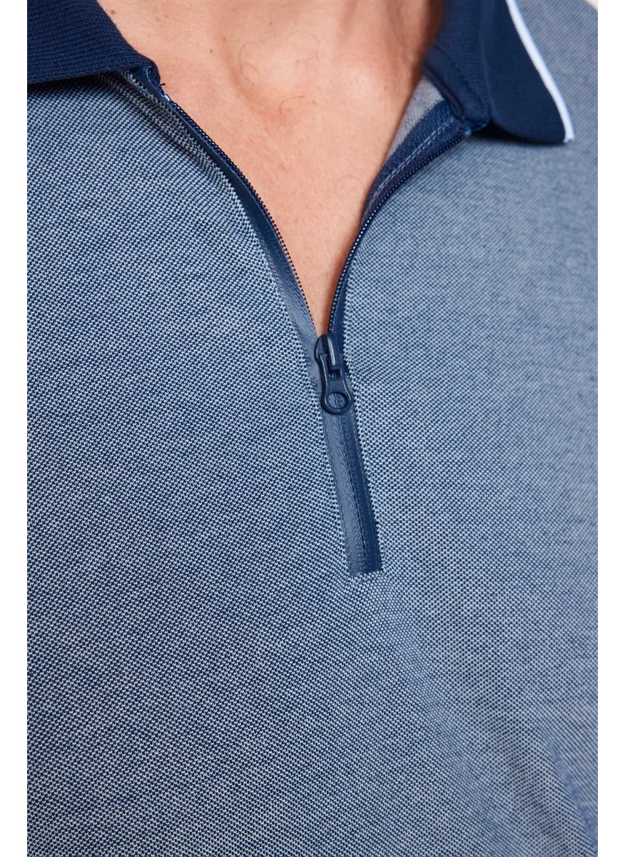 Tudors Men's Slim Fit Zippered Polo Neck Pique Cotton Navy Blue T-Shirt