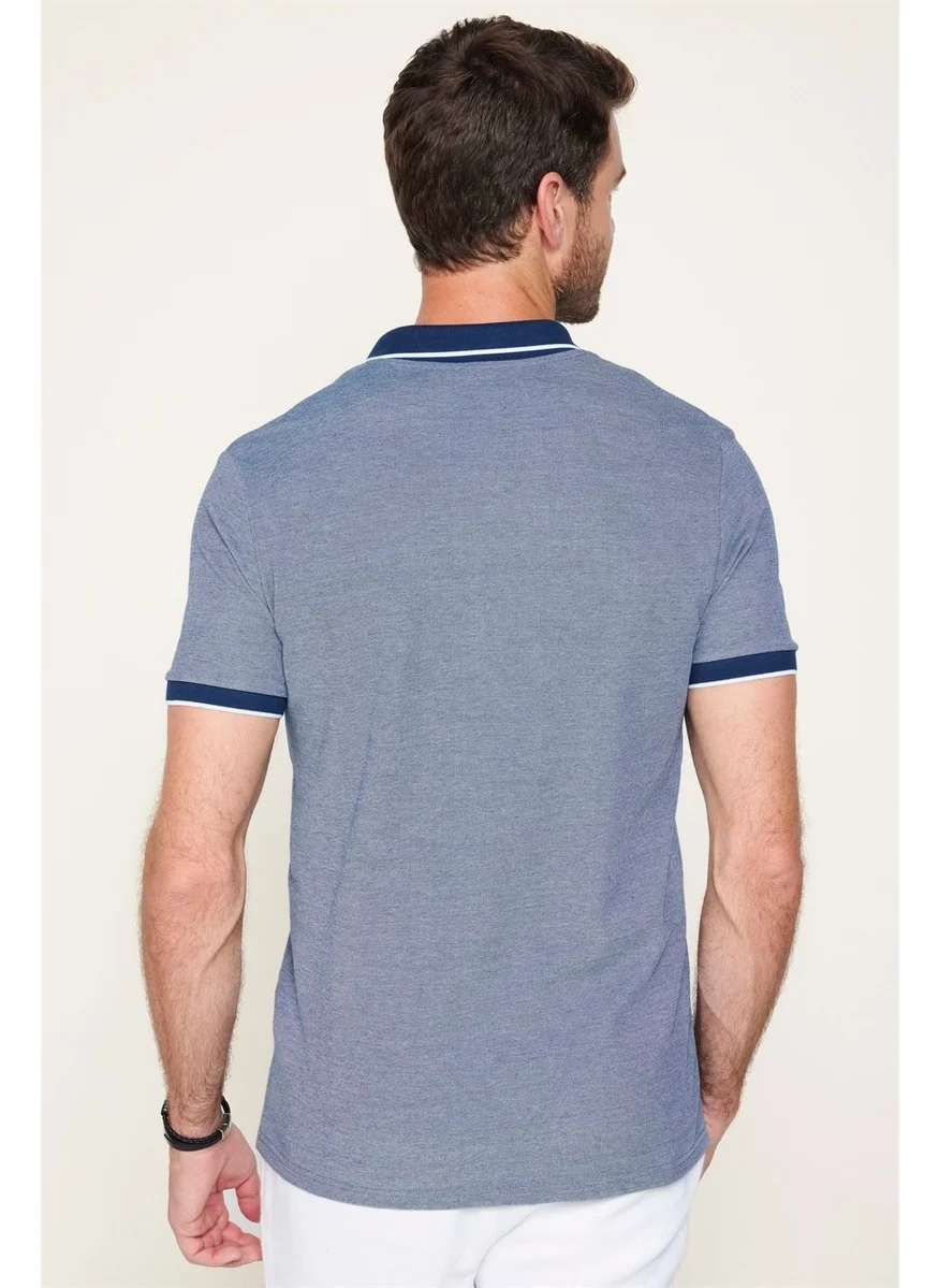 Tudors Men's Slim Fit Zippered Polo Neck Pique Cotton Navy Blue T-Shirt