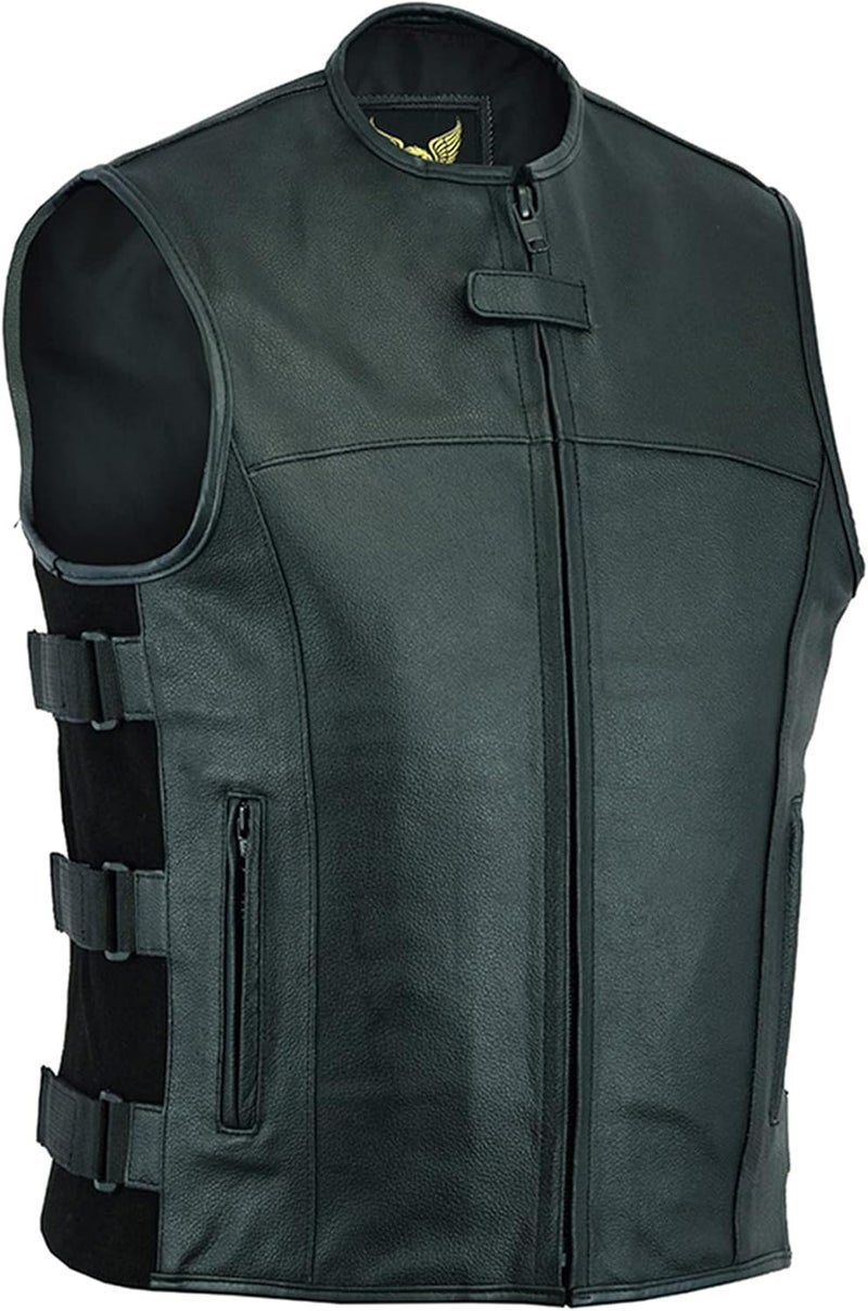 Leatherick Men's Warrior Style Leather Motorcycle Vest with Concealed Carry Pockets - Black (Split Leather) - Image 1