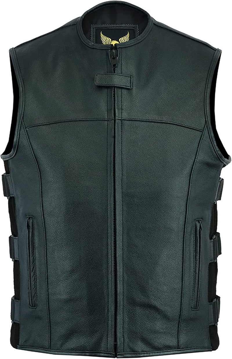 Leatherick Men's Warrior Style Leather Motorcycle Vest with Concealed Carry Pockets - Black (Split Leather) - Image 3