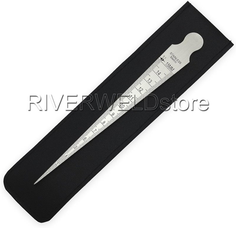 RIVERWELD Taper Welding Gauge Max Range: 5/8" & 15mm Min Range: 1/32" & 1.0mm Measure Weldment Gap Bore Hole Markings Both side Inches Metric - Image 3