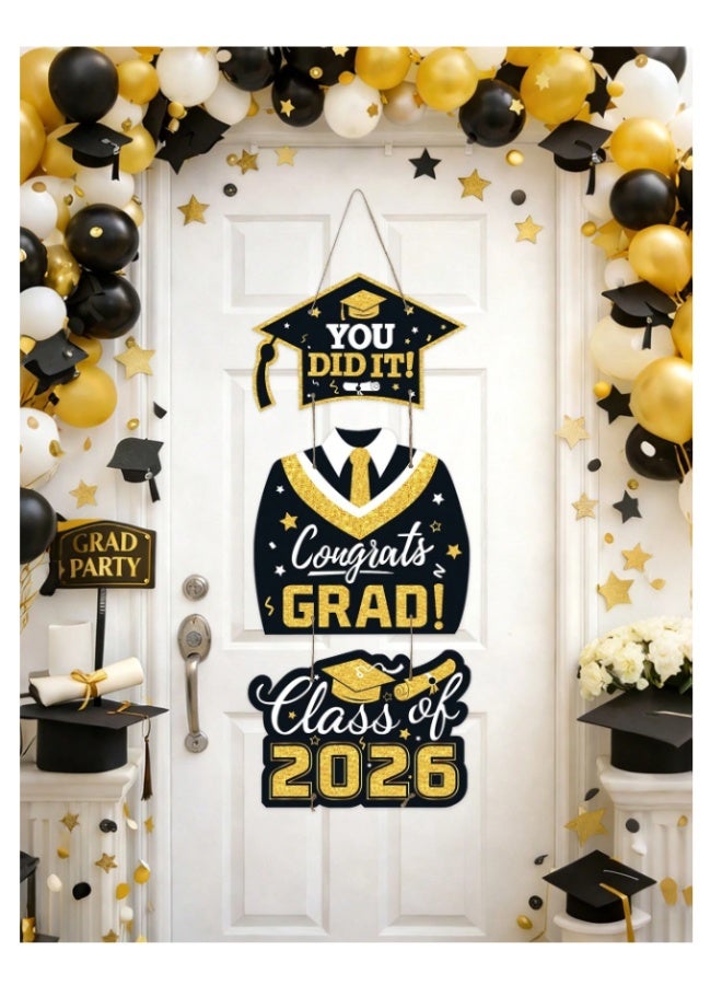 black and gold paper door hanging decoration for 2026 graduation party, 2026 graduation party supplies, "You did it!", "Congratulations to the 2026 graduates!", graduation party decorations, school campus courtyard decorations, graduation events, indoor and outdoor decorations, wall and door decorations, "Happy Graduation Day" paper banner, graduation party decorations, graduation party supplies, graduation gifts, party souvenirs, graduation congratulations party decorations - Image 1