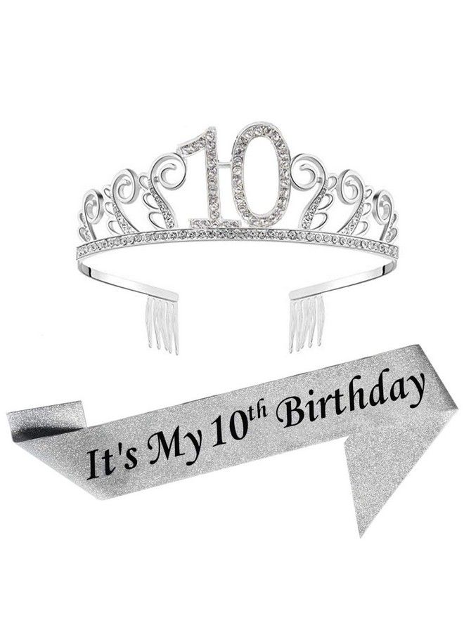 Mayin 10Th Birthday Silver Tiara And Sash Silver Glitter Satin Sash And Crystal Rhinestone Tiara Crown For Happy 10Th Birthday Party Supplies Favors Decorations 10Th Birthday Party Accessories - Image 1