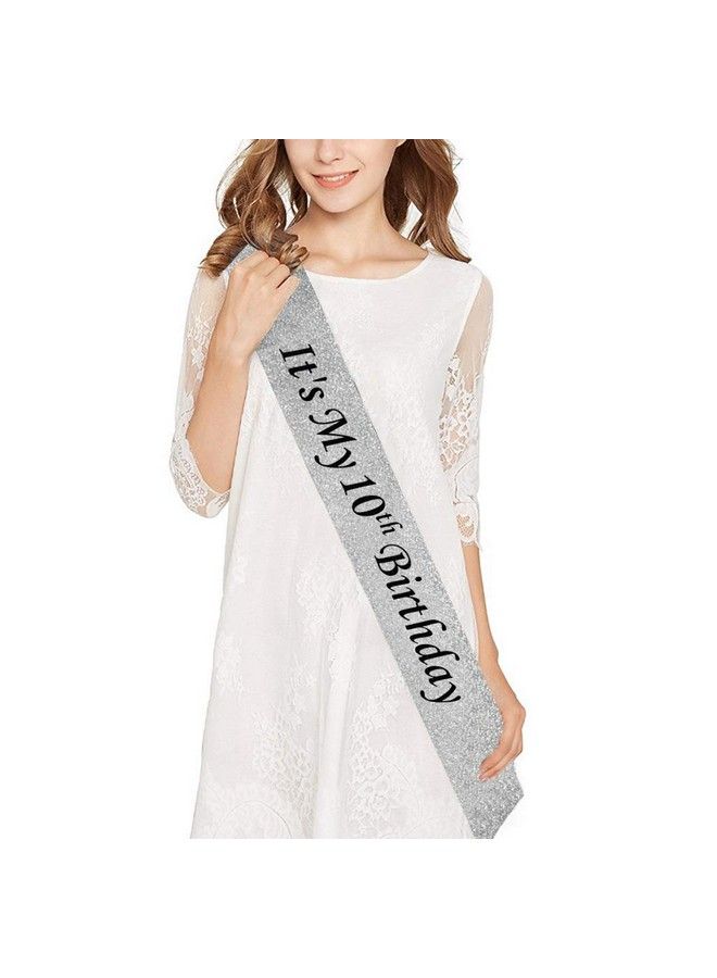 Mayin 10Th Birthday Silver Tiara And Sash Silver Glitter Satin Sash And Crystal Rhinestone Tiara Crown For Happy 10Th Birthday Party Supplies Favors Decorations 10Th Birthday Party Accessories - Image 3