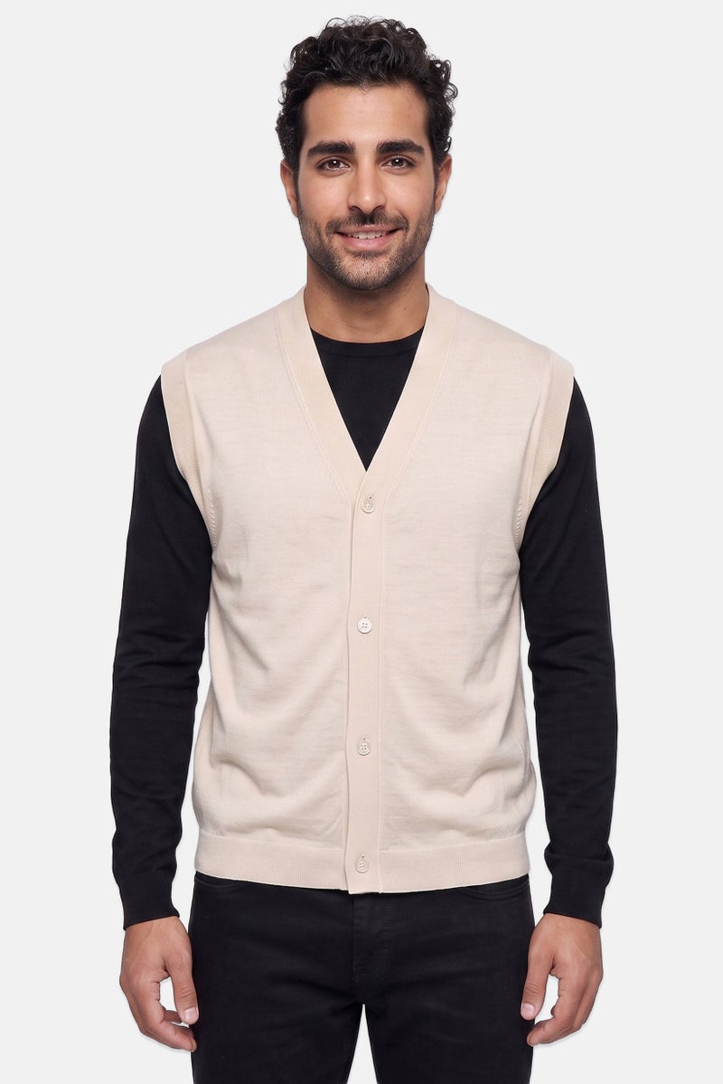 Selected Homme Men V-Neck Knitted Cardigan, Beige - Image 1
