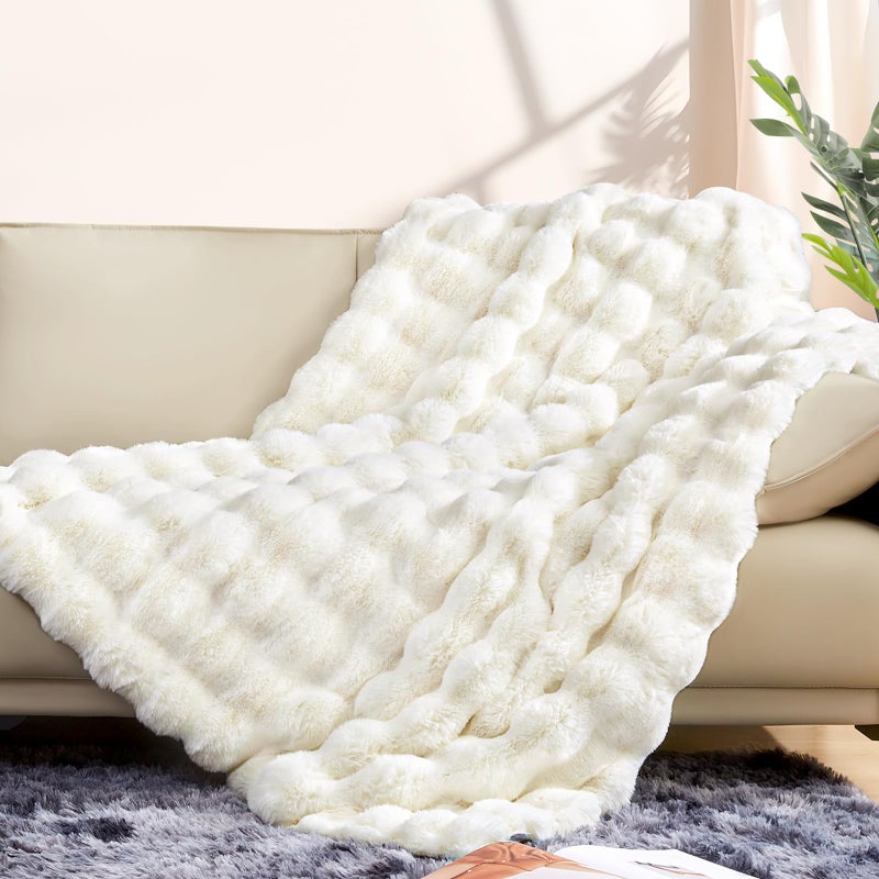 Touchat Luxury 1000GSM Faux Rabbit Fur Throw Blanket, Super Heavy Warm Cozy Blankets for Couch Bed Sofa, Bubble Plush Fuzzy Elegant Soft Reversible Mink Blanket for Living Room Bedroom, Cream White - Image 1