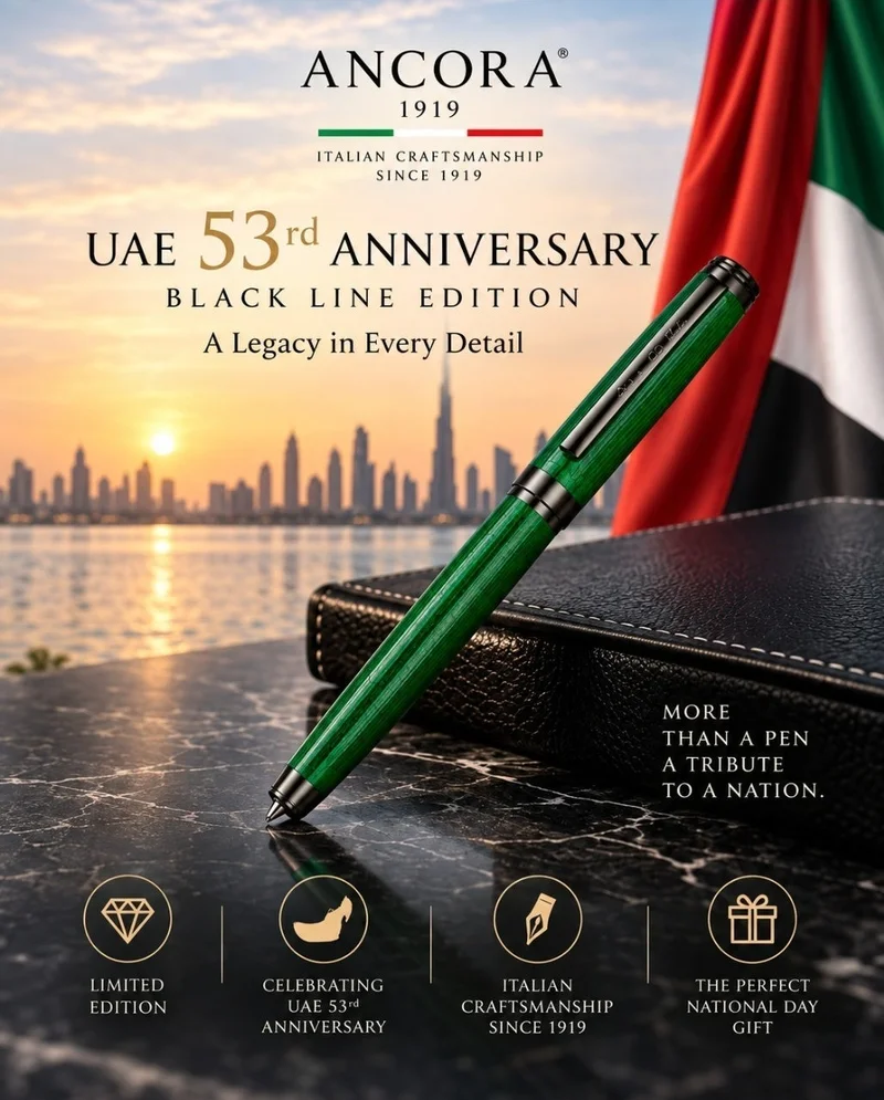 Ancora Ancora 1919 UAE 53rd Anniversary Black Line Rollerball Pen | Handcrafted Italian Luxury Pen | Green | Blue Ink