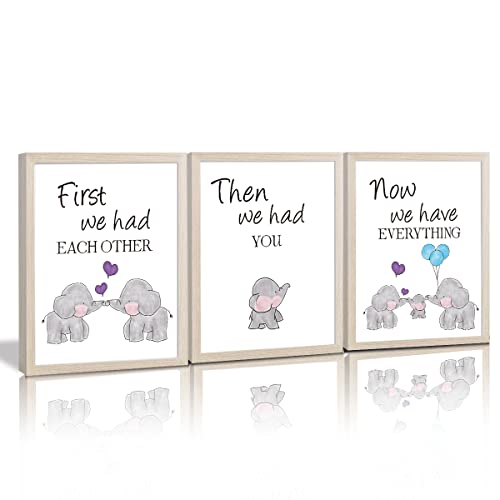 KAIRNE Watercolor Elephant Family Framed Canvas Wall Art ,First We Had Each Other Quote Art Print,Nursery Animal Love Words Picture Ready to Hang For Kids Room Decor - Image 1