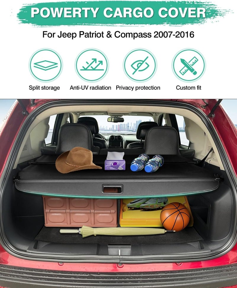 Powerty Retractable Cargo Cover for Jeep Compass Patriot (2007-2017) - Black - Image 2