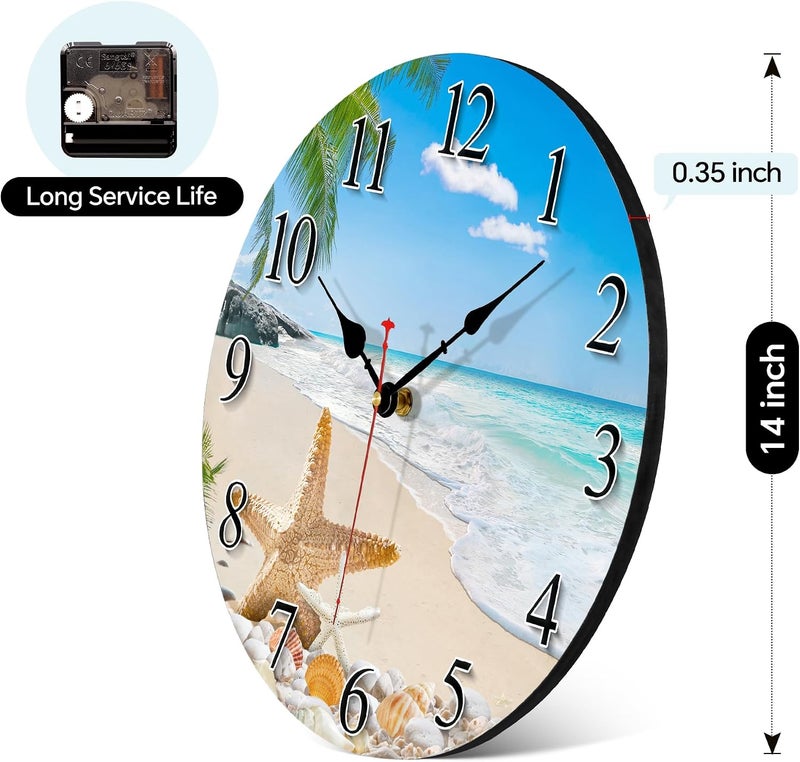 Toudorp 14 Inch Coastal Ocean Wall Clock with Seashell Design and Palm Tree Beach Theme - Battery Operated Silent Wall Decor for Home, Kitchen, Living Room, Office, Bedroom - Image 2