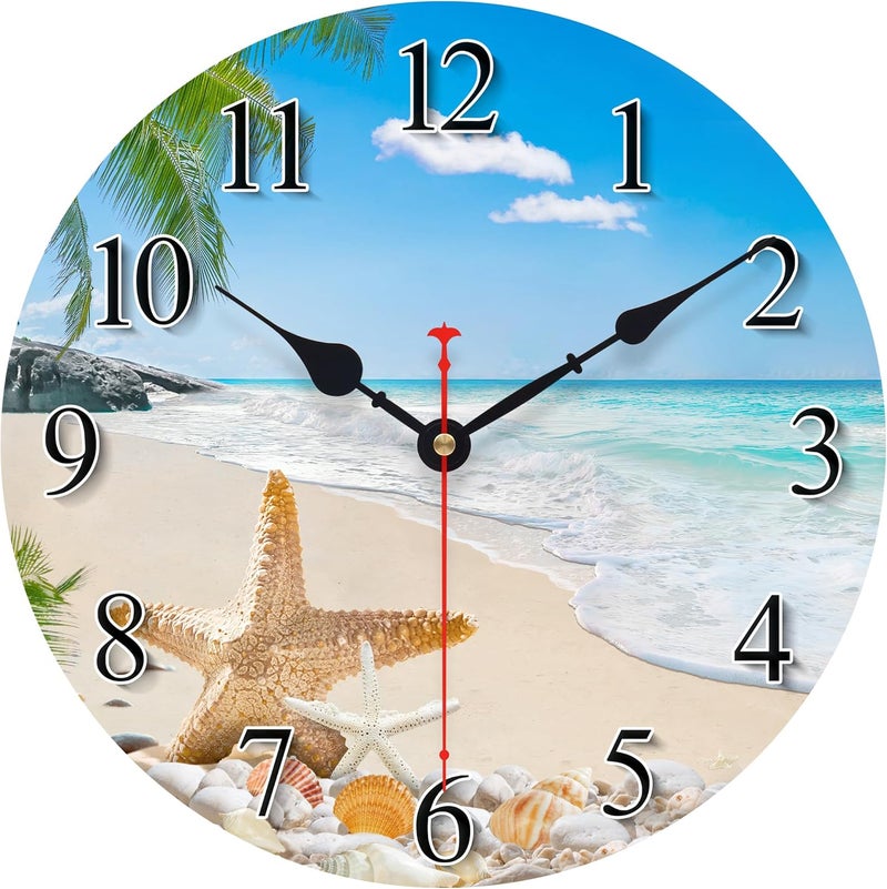 Toudorp 14 Inch Coastal Ocean Wall Clock with Seashell Design and Palm Tree Beach Theme - Battery Operated Silent Wall Decor for Home, Kitchen, Living Room, Office, Bedroom - Image 1