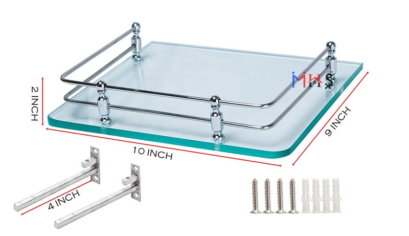MHS Glass TV Set Top Box Router Stand | Multipurpose Wall Shelf for Kitchen, Room & Office | 8mm Glass with Heavy Duty Stainless Steel F Bracket, Screws & Wall Plug (A. Transparent, 10 X 9 INCH) - Image 3