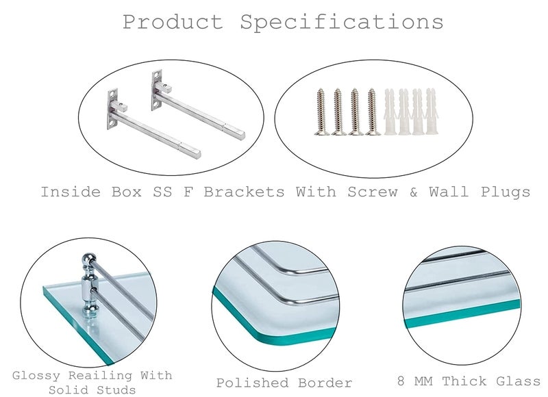 MHS Glass TV Set Top Box Router Stand | Multipurpose Wall Shelf for Kitchen, Room & Office | 8mm Glass with Heavy Duty Stainless Steel F Bracket, Screws & Wall Plug (A. Transparent, 10 X 9 INCH) - Image 4