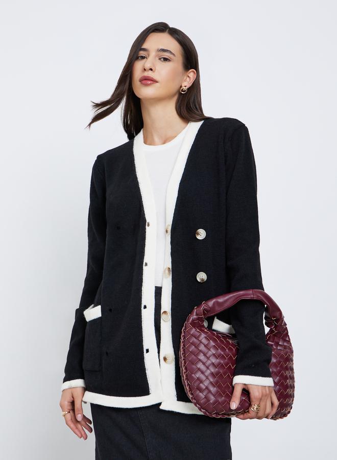 Styli Black Longline Cardigan with Contrast Trim - Image 1