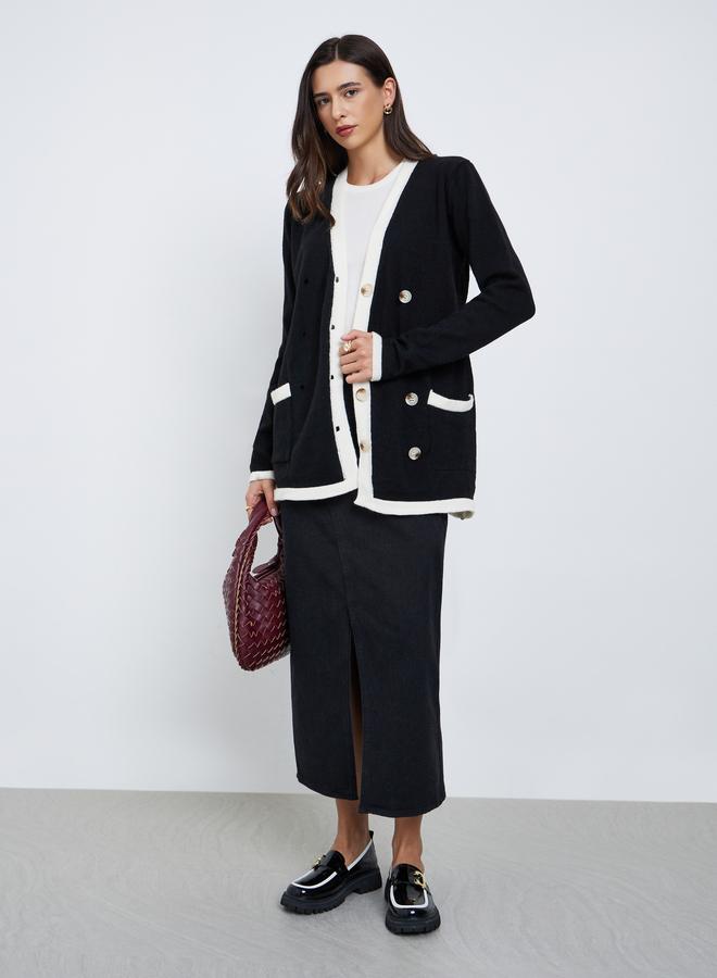 Styli Black Longline Cardigan with Contrast Trim - Image 2