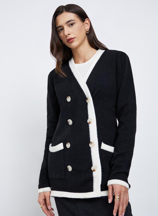 Styli Black Longline Cardigan with Contrast Trim - Image 1