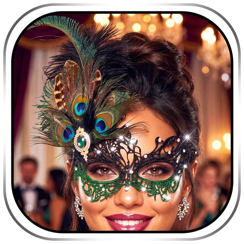 Campsis Rhinestone Masquerade Mask Green Masquerade Ball Mask Feather Party Masks for Women - Image 2
