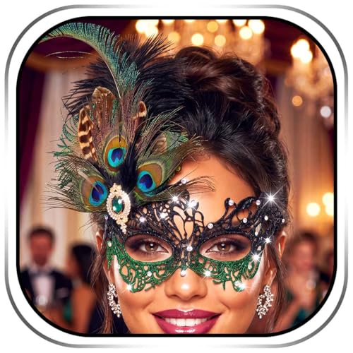 Campsis Rhinestone Masquerade Mask Green Masquerade Ball Mask Feather Party Masks for Women - Image 1