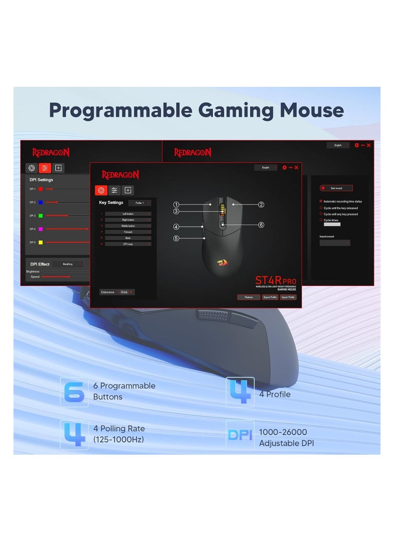 REDRAGON - M917 PRO RGB Wireless  Mouse, Ultra-Light 26K DPI Gaming Mouse Tri-Mode Bluetooth Mouse Ergonomic Natural Grip Build, Full Programmable Buttons, Software Supports DIY Keybinds - Image 1