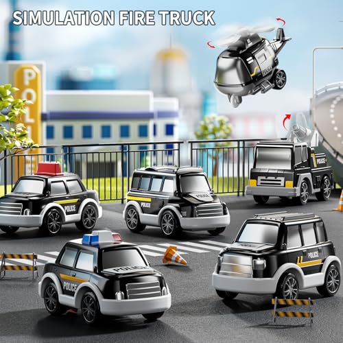 JUKUDAHU Police Truck Toy for 39 Years Old Boys Girls 7 in 1 Black Carrier Vehicle Set with 5 Toy Cars 1 Helicopter Friction Powered Car for Kids Age 13 Birthday Gifts for Toddlers 35 - Image 5