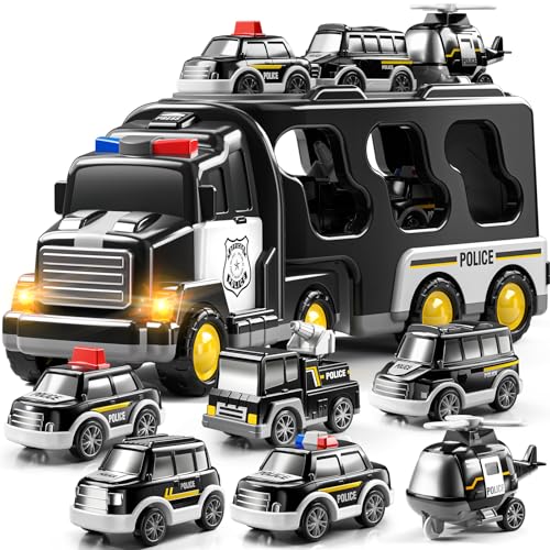 JUKUDAHU Police Truck Toy for 39 Years Old Boys Girls 7 in 1 Black Carrier Vehicle Set with 5 Toy Cars 1 Helicopter Friction Powered Car for Kids Age 13 Birthday Gifts for Toddlers 35 - Image 1