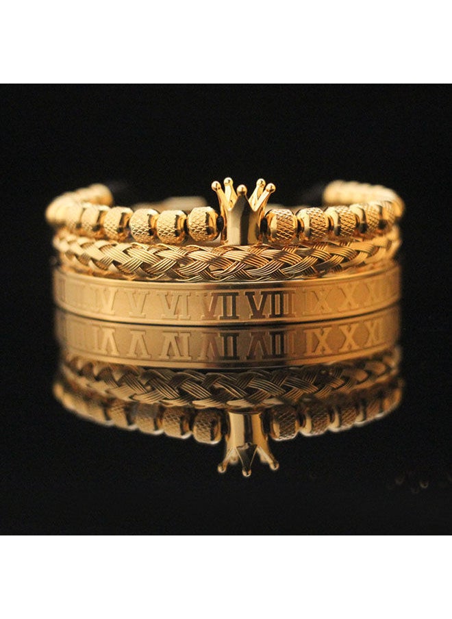 roaiss - 3 Piece Combination Gold Crown Bracelet Fashion Roman Numeral Woven Stainless Steel Bracelet Pineapple Bead Crown Combination Bracelet - Image 1