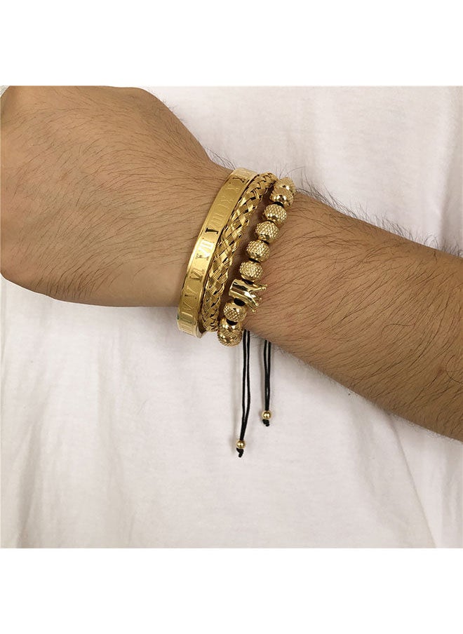 roaiss - 3 Piece Combination Gold Crown Bracelet Fashion Roman Numeral Woven Stainless Steel Bracelet Pineapple Bead Crown Combination Bracelet - Image 1