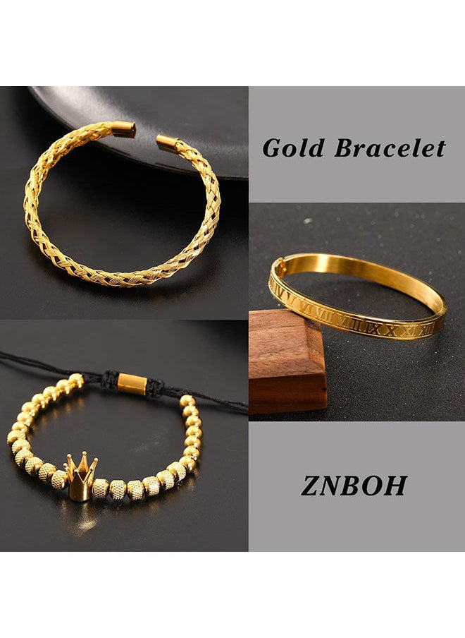 roaiss - 3 Piece Combination Gold Crown Bracelet Fashion Roman Numeral Woven Stainless Steel Bracelet Pineapple Bead Crown Combination Bracelet - Image 1
