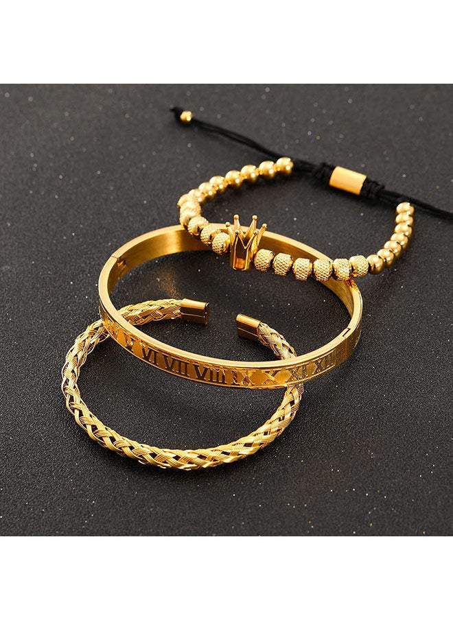roaiss - 3 Piece Combination Gold Crown Bracelet Fashion Roman Numeral Woven Stainless Steel Bracelet Pineapple Bead Crown Combination Bracelet - Image 1