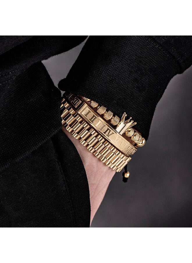 roaiss - 3 Piece Combination Gold Crown Bracelet Fashion Roman Numeral Woven Stainless Steel Bracelet Pineapple Bead Crown Combination Bracelet - Image 1